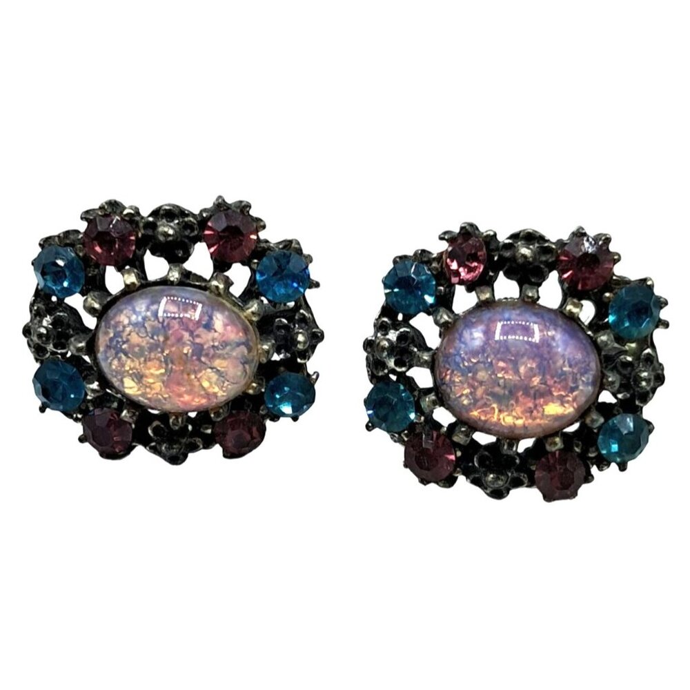 Vintage Coro‎ Rhinestone Earrings Cabochon Blue Pink Stone Screw Ons